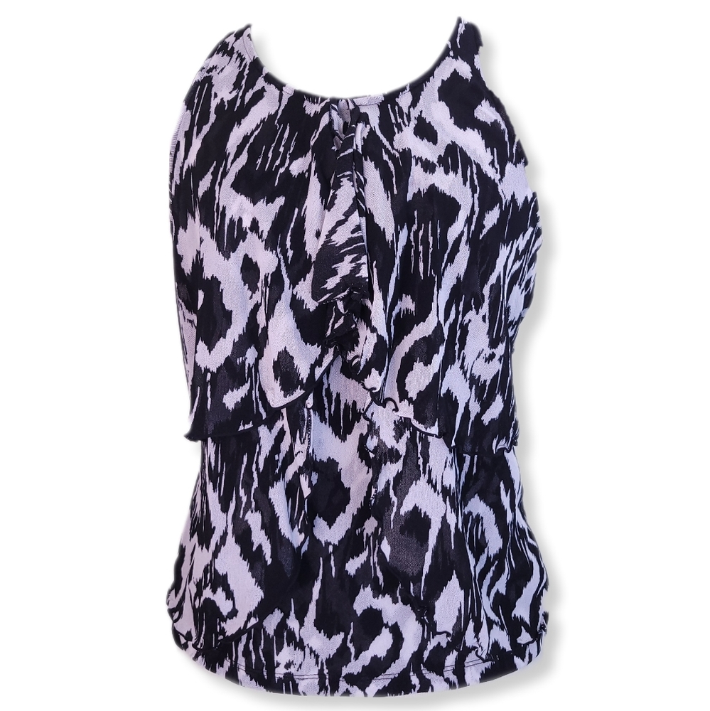 The Limited Womens L Tank Top Black White Ruffled Semi-Sheer Stretch Scoop Neck